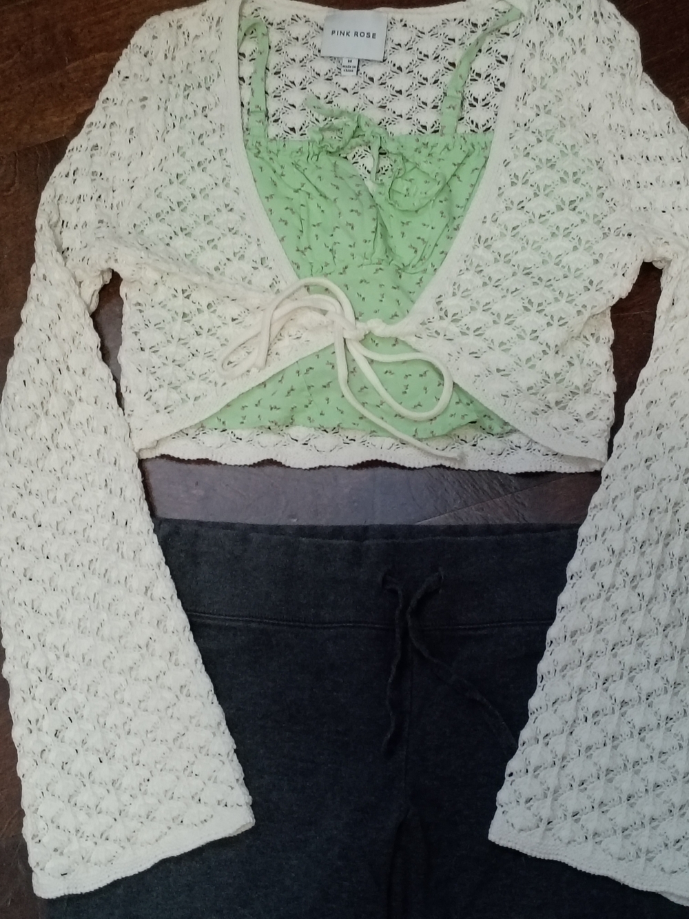 Pink Rose Cream Crochet Tie-Front Shrug with Green Lining